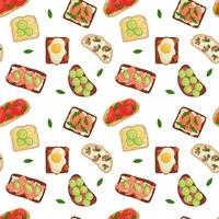 Vector pattern with toasts with cheese, vegetables, salami, bacon