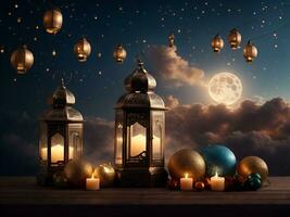 Happy eid ul fitr or eid ul adha  poster with a background of lanterns moon and clouds, 3d rendering photo