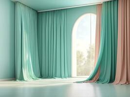 Pastel turquoise blue green empty wall in room with silk curtain drapes. Mock up Template for product presentation. Living, gallery, studio, office concept. 3D rendering, Generate ai photo