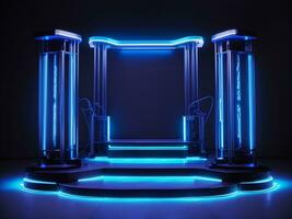 Podium with Electric blue neon lights. Podium with Cobalt blue neon lights. Podium with  Neon green neon lights. Generate AI photo