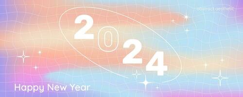 New 2024 Year bannes in retro Y2K abstract aethetic style, 2024 number and text greeting on a gradient liquid holographic background. Vector illustration for a New Year holiday.