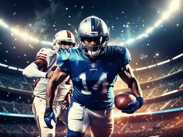 Super bowl poster. Super bowl players versus in space. American football player. Sportsman with ball in helmet on stadium in action. Sport wallpaper. Sport and motivation wallpaper, Generate ai photo