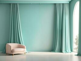 Pastel turquoise blue green empty wall in room with silk curtain drapes. Mock up Template for product presentation. Living, gallery, studio, office concept. 3D rendering, Generate ai photo