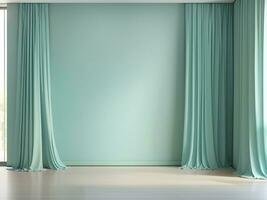 Pastel turquoise blue green empty wall in room with silk curtain drapes. Mock up Template for product presentation. Living, gallery, studio, office concept. 3D rendering, Generate ai photo