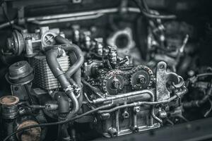 Car timing chain in cutaway engine photo