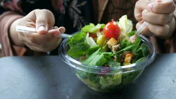 mulheres comendo salada dentro uma plástico tigela ao ar livre video