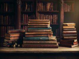 wide banner of old vintage library stack of antique books on old wooden table in fantasy medieval period with copy space, Generate Ai photo