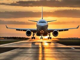 un grande avión de reacción tomando apagado desde un aeropuerto pista a puesta de sol o amanecer con el aterrizaje engranaje abajo y el aterrizaje engranaje abajo, como el avión es acerca de a tomar apagado, generar ai foto