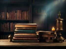 wide banner of old vintage library stack of antique books on old wooden table in fantasy medieval period with copy space, Generate Ai photo