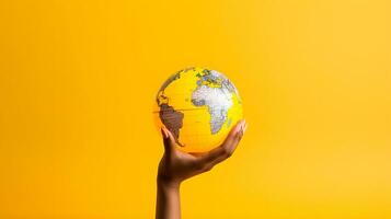 Womans hand holding a globe on a yellow background World environment day concept photo