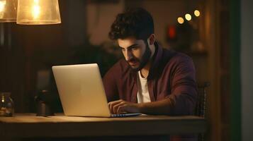 Handsome young man working on laptop in dark room at night photo