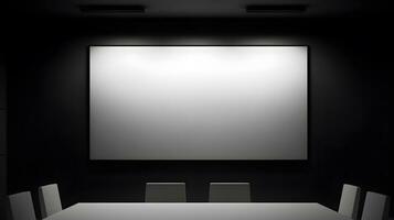 Empty meeting room with black wall and white screen photo