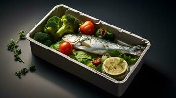 Fresh fish with vegetables and herbs in a box on a black background photo