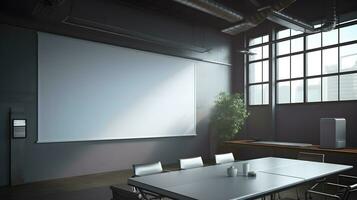 Modern conference room interior with empty white poster on wall mockup photo