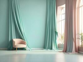 Pastel turquoise blue green empty wall in room with silk curtain drapes. Mock up Template for product presentation. Living, gallery, studio, office concept. 3D rendering, Generate ai photo