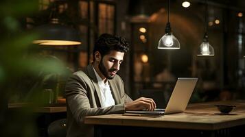 joven negocio hombre trabajando en ordenador portátil computadora a noche en un café foto