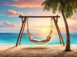 Swing chair or hammock on beautiful empty beach on sunset and sea view. Summer vacation banner, Generate Ai photo