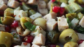 fresh vegetable salad bowl on table, video