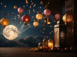 Happy eid ul fitr or eid ul adha  poster with a background of lanterns moon and clouds, 3d rendering photo