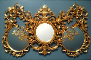 Gold antique rectangular picture or mirror frame, richly decorated. 3D looping animation with alpha matte. Front view, gently moving lights and reflections, Generate Ai photo