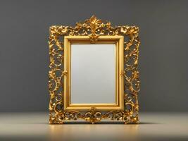 Gold antique rectangular picture or mirror frame, richly decorated. 3D looping animation with alpha matte. Front view, gently moving lights and reflections, Generate Ai photo