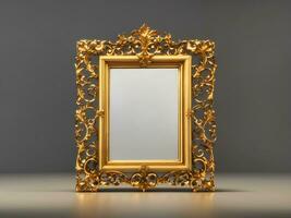 Gold antique rectangular picture or mirror frame, richly decorated. 3D looping animation with alpha matte. Front view, gently moving lights and reflections, Generate Ai photo