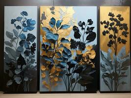 Silhouettes of beautiful plants on canvas.Gold, black, blue and gray, purple colors. Interior painting. Beautiful background photo