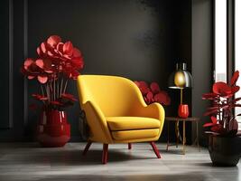 Cyclamen pink armchair in black interior room, 3D Rendering, Generate AI photo
