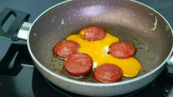 salami sausage and breaking eggs in a cooking pan video