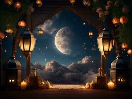 Happy eid ul fitr or eid ul adha  poster with a background of lanterns moon and clouds, 3d rendering photo