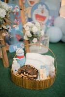 a basket with some food and a balloon photo