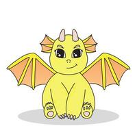 Little cute cartoon yellow dragon with horns and wings. Funny fantasy character, young mythical reptile monster. Vector illustration on white background