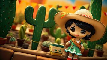 Lele Muneca doll with cactus on the pot AI Generative photo