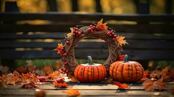 Pumpkin with autumn leaf wreath AI Generative photo