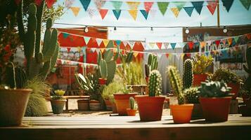 Portrait cactus on the pot with bunting AI Generative photo