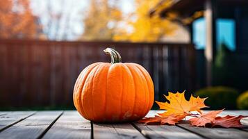 Portrait pumpkin with autumn leaf on the table AI Generative photo