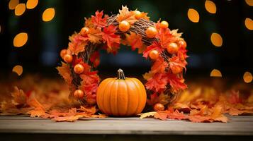 Portrait pumpkin with autumn leaf AI Generative photo