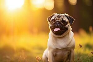 Portrait cute pug on the meadow with light exposure AI Generative photo