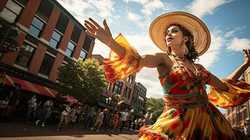 Portrait girl wearing sombrero dancing on the street of city AI Generative photo