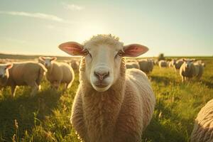 Portrait sheep in the middle farm with light exposure AI Generative photo