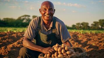 Portrait farmer harvest potatoes with light exposure AI Generative photo