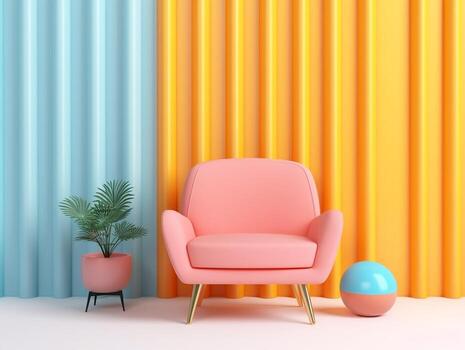 Pastel multi-color vibrant groovy retro striped background wall frame with bright armchair interior home design generative ai photo