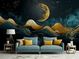 3d abstracción moderno pared Arte noche paisaje con oscuro azul y dorado turquesa montañas negro antecedentes con Luna y dorado arboles generativo ai foto
