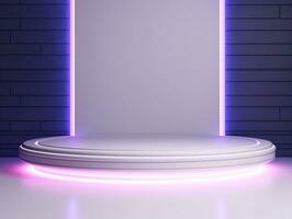 Beautiful futuristic modern podium with textured white wall and neon backlight generative ai photo