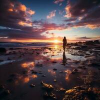 A vibrant sunset over a tranquil beach, where a lone figure walks along the shoreline generative ai photo