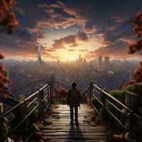 A traveler standing on a bridge overlooking a bustling cityscape generative ai photo