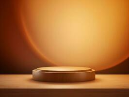 Round wooden podium with beautiful backlighting generative ai photo