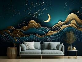 3d abstracción moderno pared Arte noche paisaje con oscuro azul y dorado turquesa montañas negro antecedentes con Luna y dorado arboles generativo ai foto