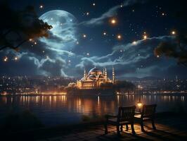 Beautiful islamic mosque with night moon sky and cloud photo wallpaper generative ai