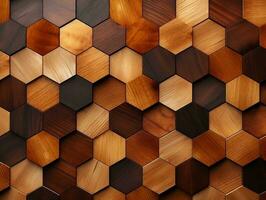 Abstract wooden seamless hexagonal mosaic tiles laid down in consisting of wooden texture generative ai photo